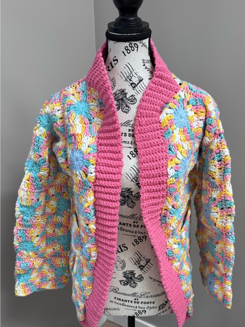 Pink Multicolor Crochet Cardigan Sweater Handmade with Love by L&F